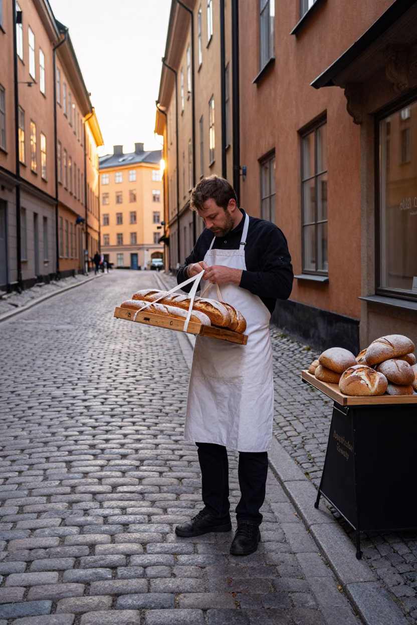 Baker Delivering Fresh Bread on Stockholm Cobblestones in Morning Light in in Stockholm, Sweden