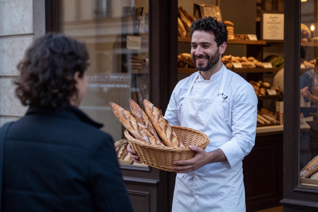Baker handing fresh bread basket to smiling customer in Lyon France before sunrise in in Lyon, France