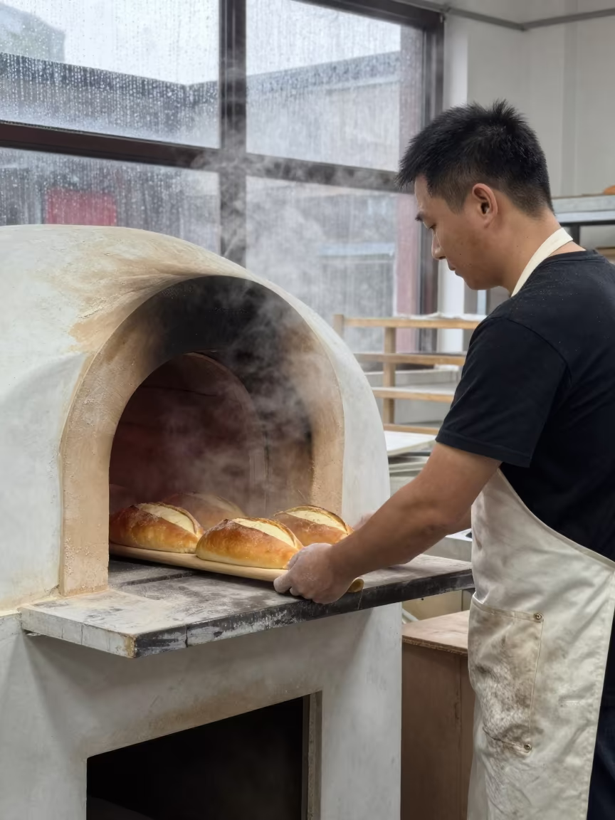 Baker Pulls Bread from Clay Oven in in a workshop in Taiyuan