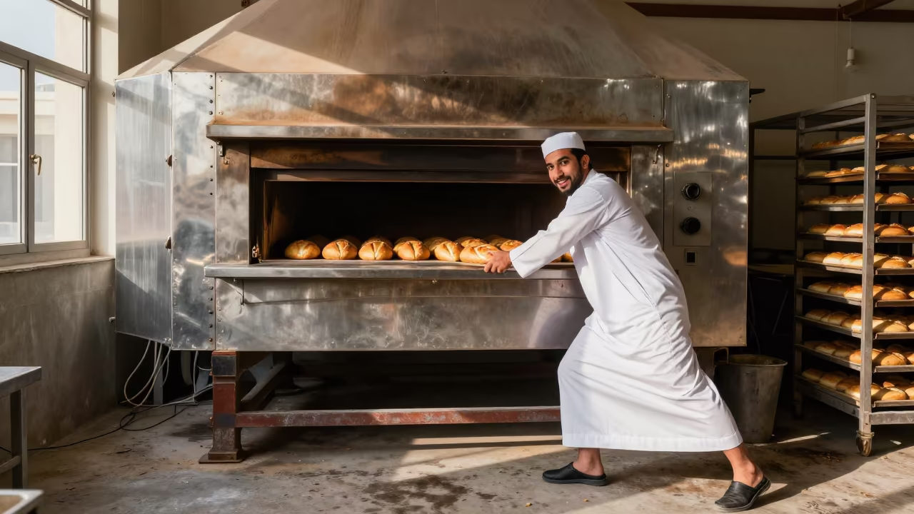 Baker Pulls Bread from Oven in Riyadh Workshop in in a workshop in Riyadh