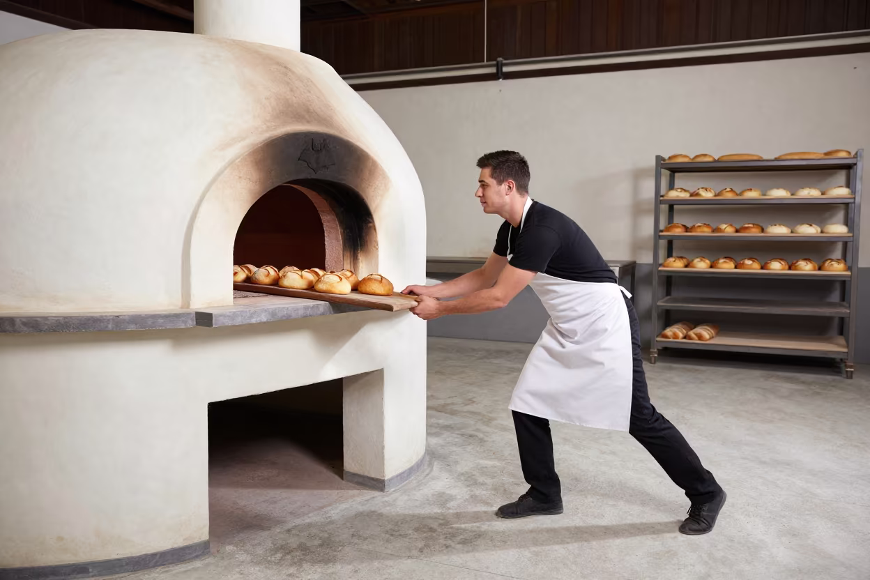 Baker Pulls Fresh Bread From Clay Oven in in a warehouse loft in Batman