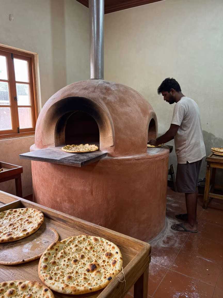 Baker Pulls Fresh Bread From Clay Oven Morning Market in in an atelier in Tiruchirappalli
