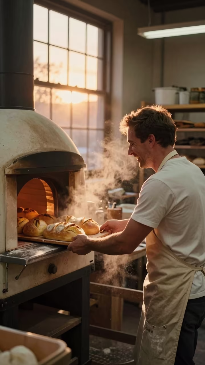 Baker Pulls Fresh Bread from Clay Oven in in a studio in South Bank, London