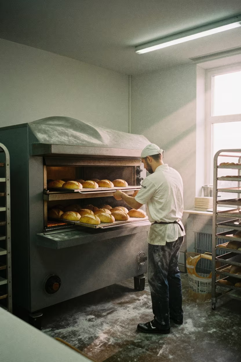 Baker Retrieves Bread from Oven in Ravenna in in a studio in Ravenna