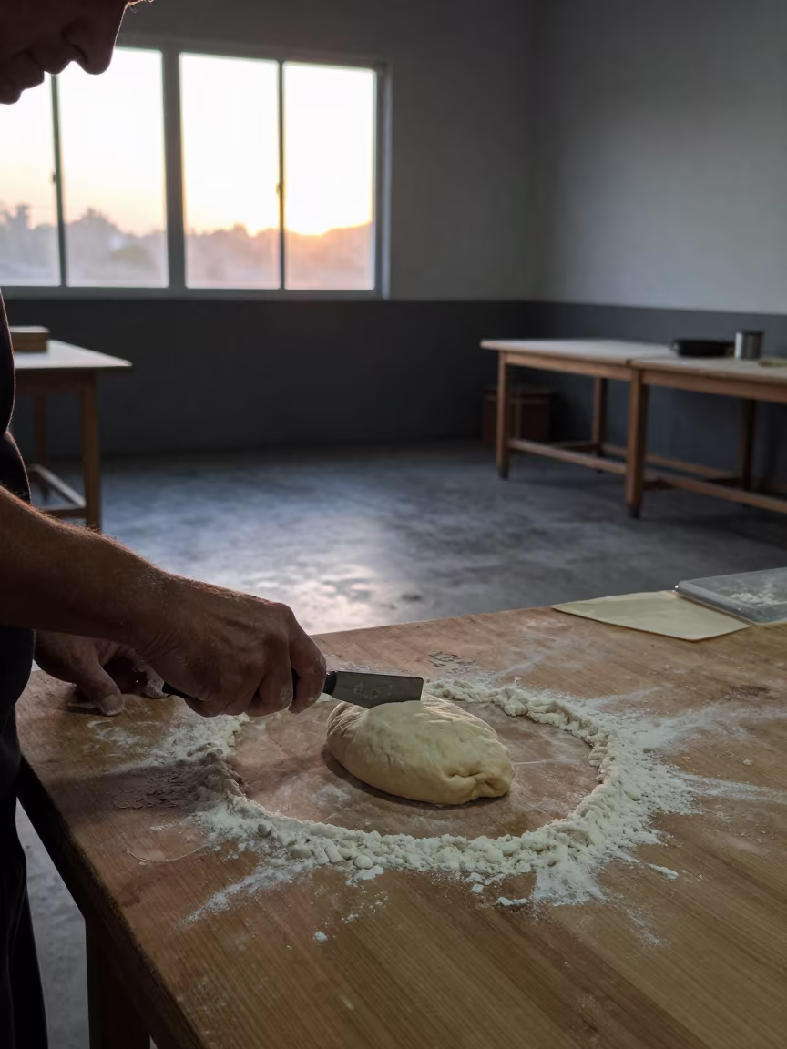 Baker Scores Dough in Gagnoa Rehearsal Room at Dawn in in a rehearsal room in Gagnoa