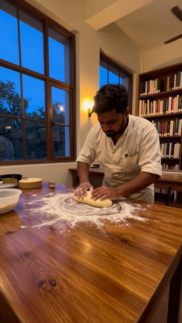 Baker Scores Dough in Mysore Library at Twilight in in a library reading room in Mysore