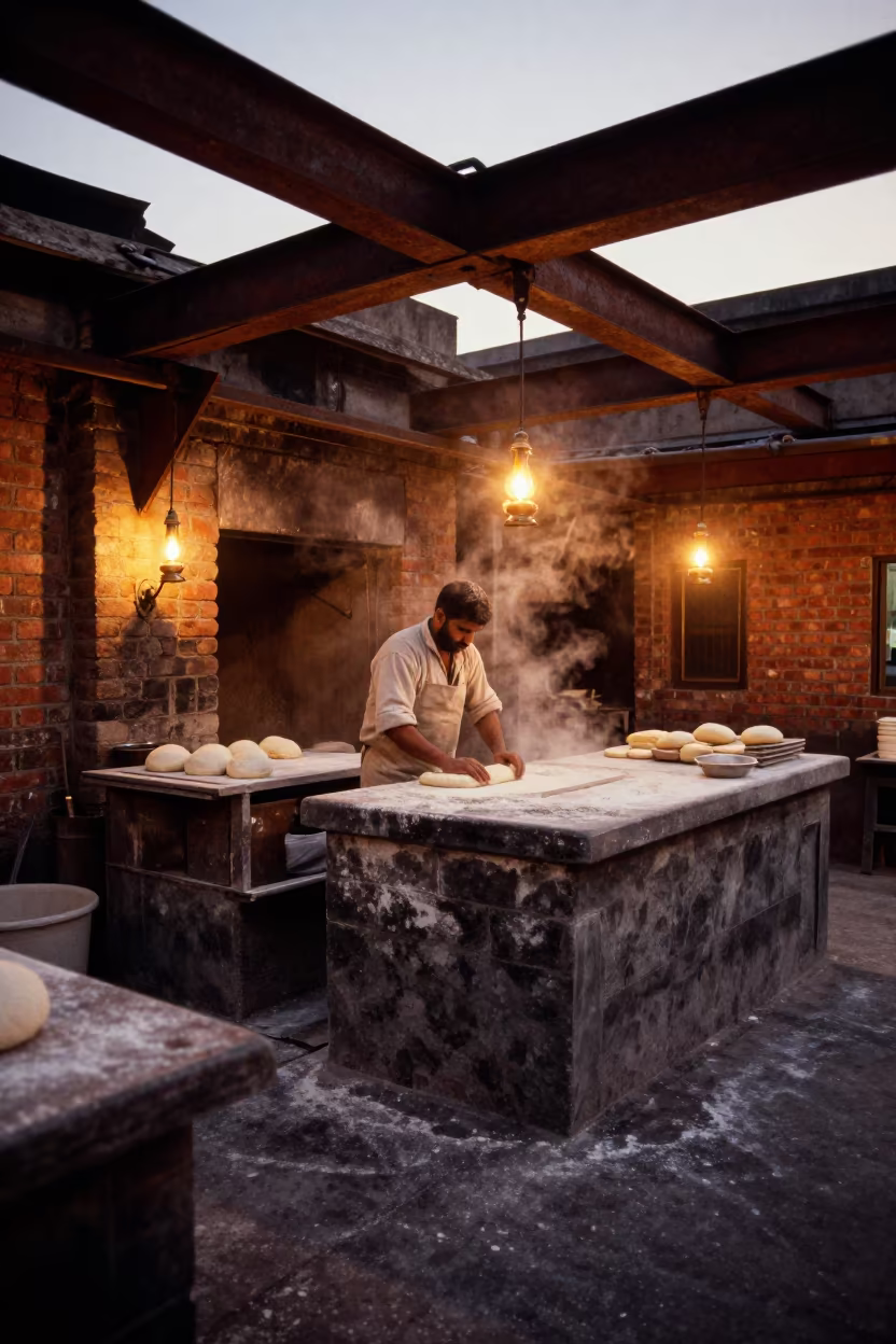 Baker Scoring Dough in Delhi Foundry Sunset in in a foundry in Hauz Khas, Delhi