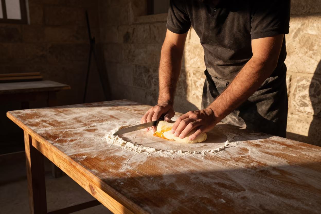 Baker Scoring Dough in Ramadi Atelier Evening Light in in an atelier in Ramadi