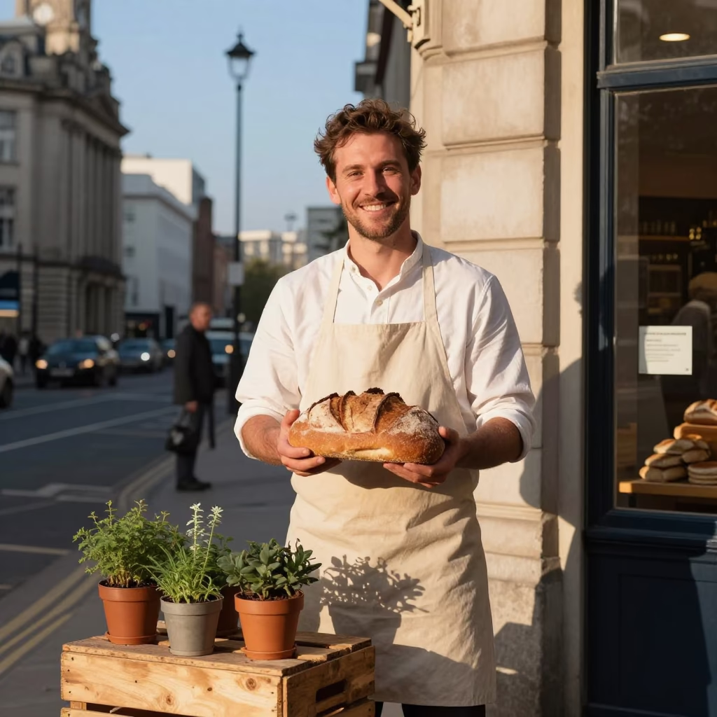 Baker Smiling in Liverpool at Clear Late-afternoon Light in in Liverpool, United Kingdom