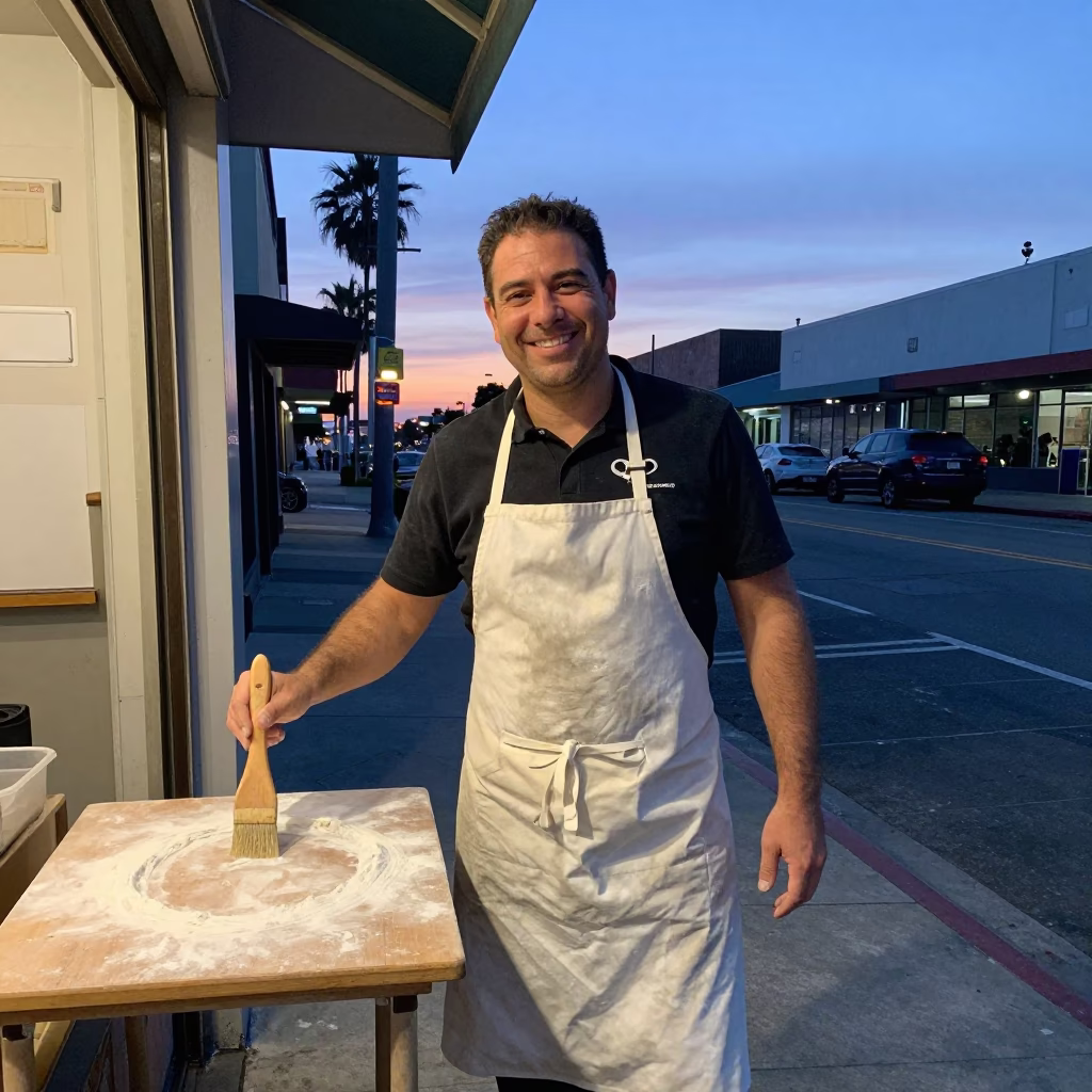 Baker Smiling in Los Angeles at Blue Hour in in Los Angeles, California, United States