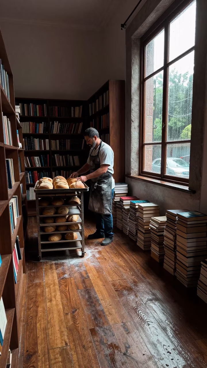 Baker in Veracruz Library Rainy Season Light in in a library reading room in Veracruz