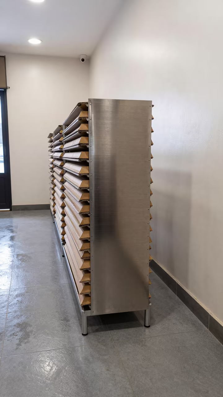 Bakery Cartons on Steel Stand in Delhi Aisle in inside a bright retail aisle in Delhi