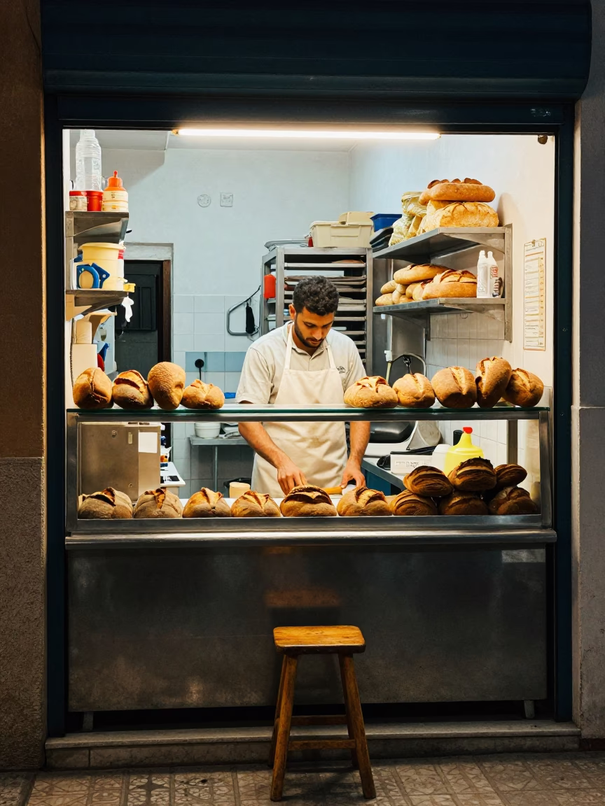 Bakery Counter in Casablanca at Midnight Light in in Casablanca, Morocco