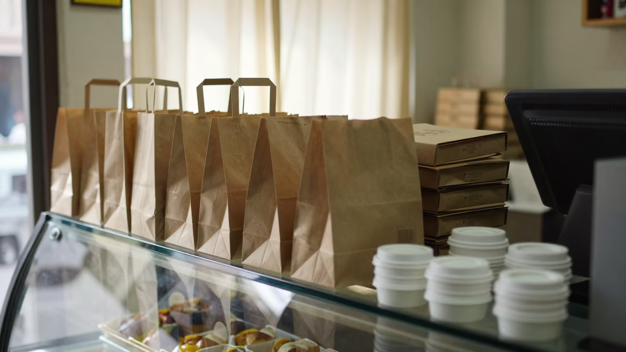 Bakery Counter Pastry Boxes Bags Lids Noon Light Prayagraj in at a cash wrap counter with bags stacked nearby in Prayagraj