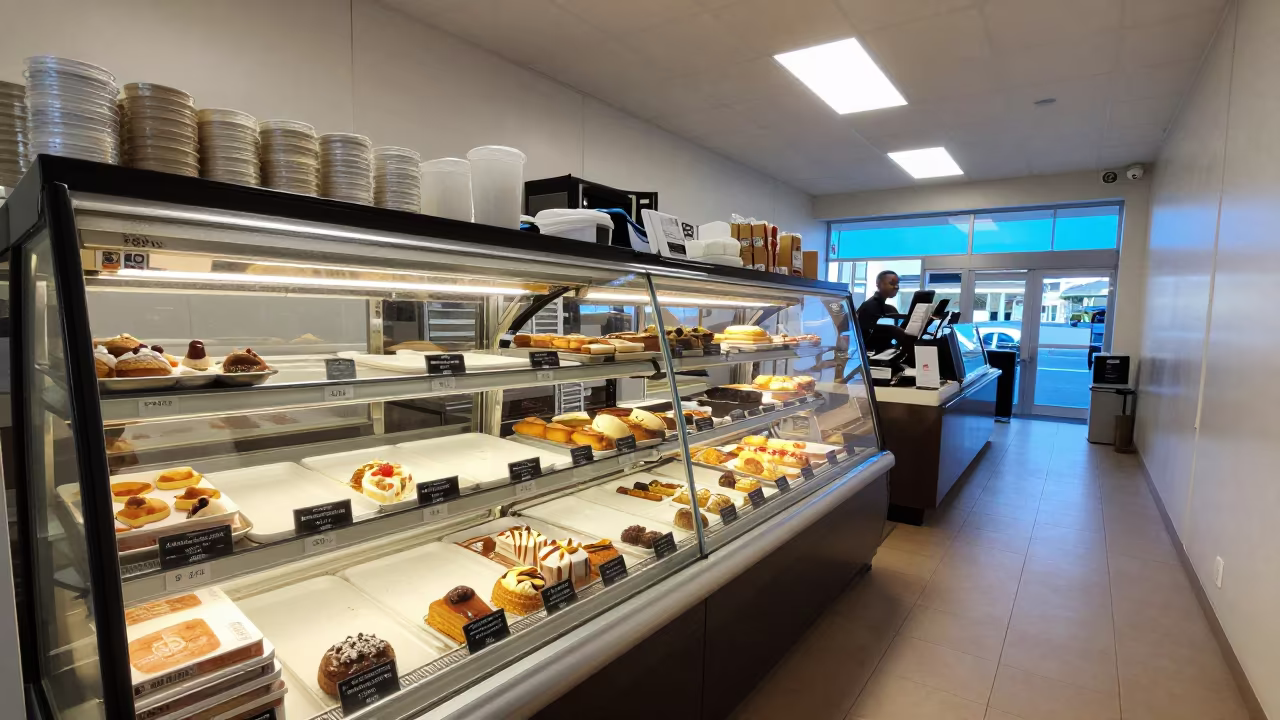 Bakery Counter Reset Under Neon Light Francistown in at a checkout lane under flat store light in Francistown