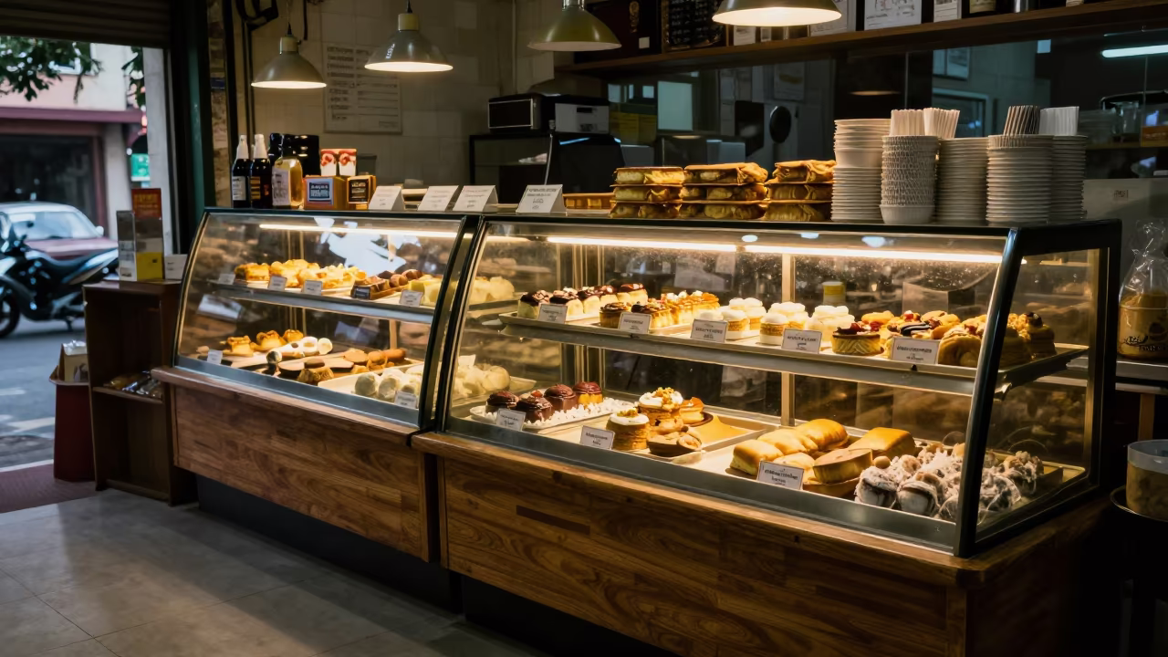 Bakery Counter Reset with Pastry Labels and Crumb Trays in inside a bright retail aisle near Guwahati