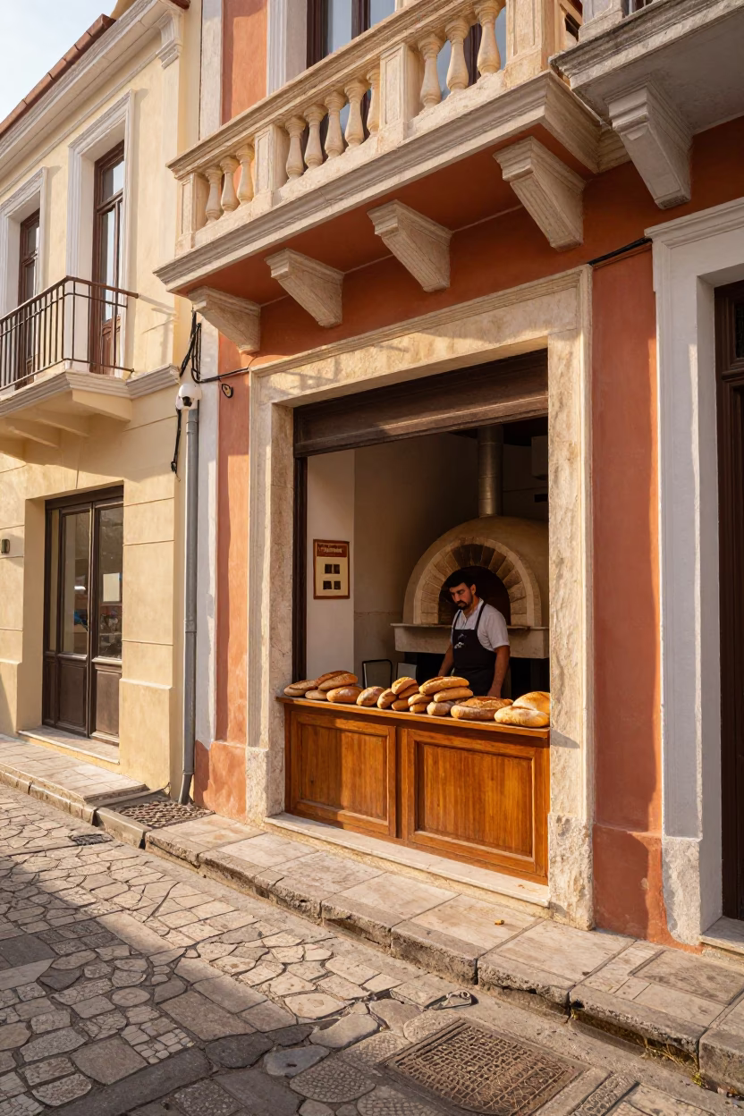 Bakery Entrance just after sunrise in Athens in in Athens, Greece