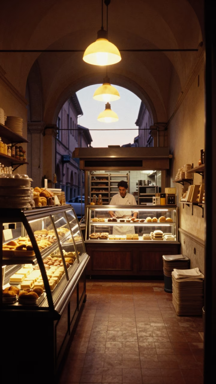 Bakery Interior in Bologna at The Still Hours Before Dawn Light in in Bologna, Italy