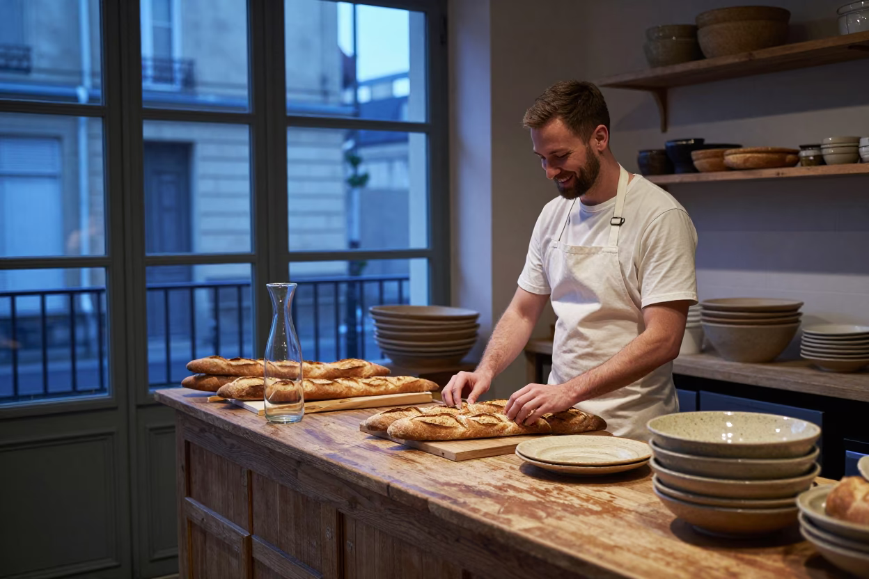 Bakery Interior in Paris at Sunrise Light in in Paris, France