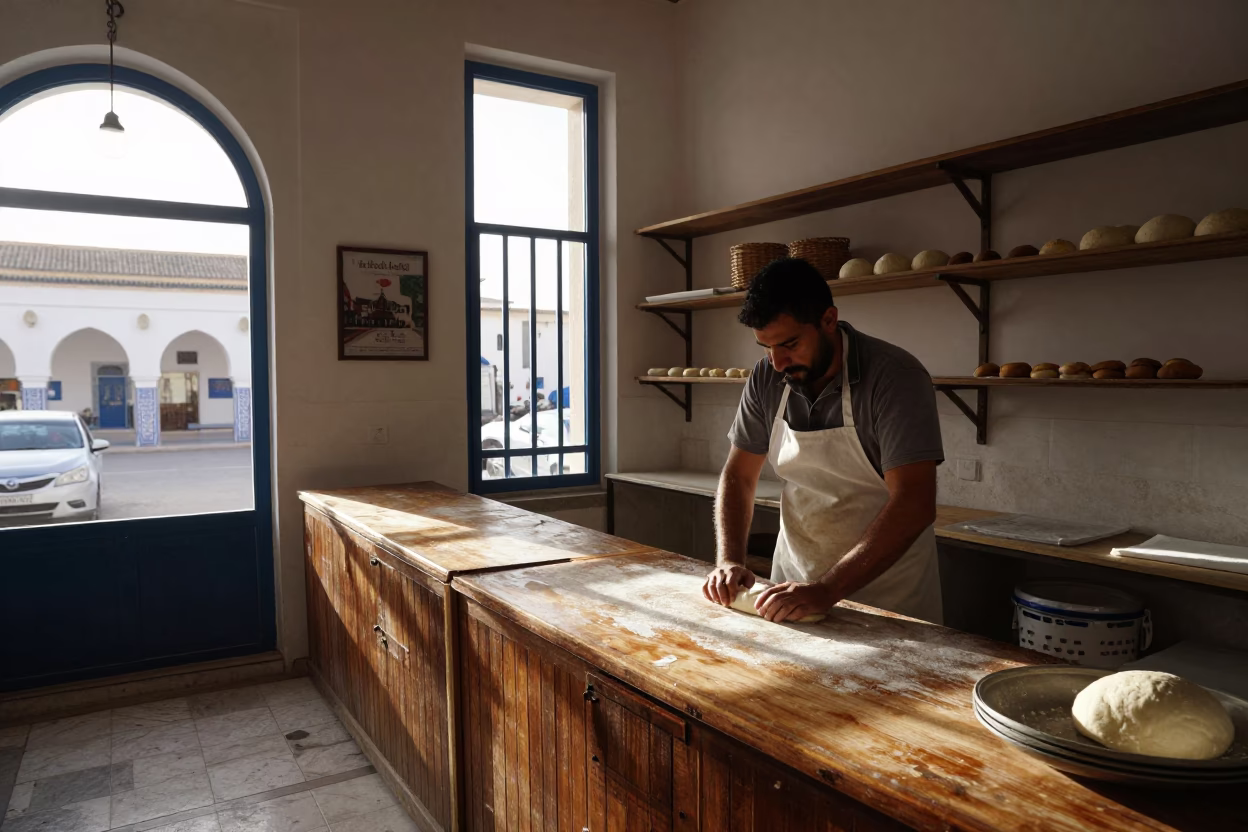 Bakery Interior in Tunis at As First Light Reaches The Scene in in Tunis, Tunisia