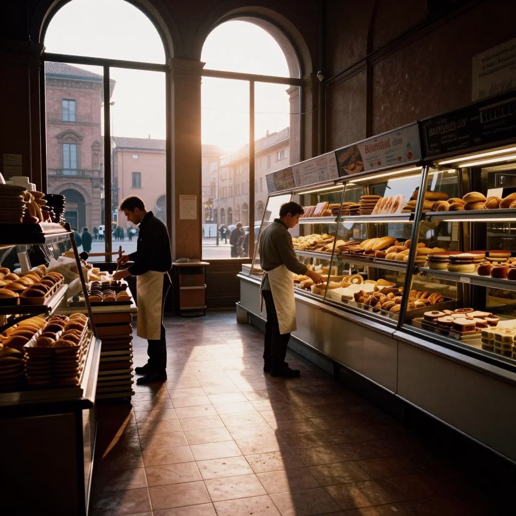 Bakery Scene at First Light Of Dawn in Bologna in in Bologna, Italy