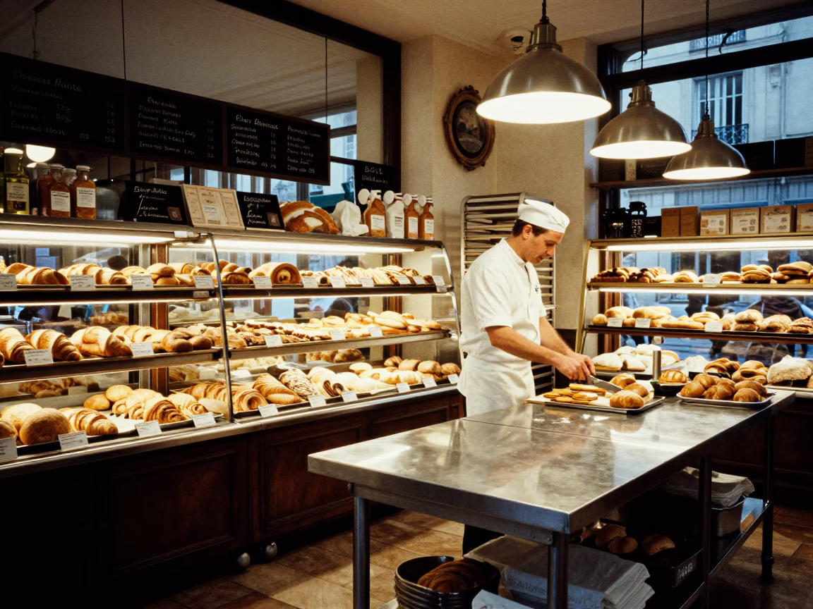 Bakery Scene in Paris at The Still Hours Before Dawn Light in in Paris, France