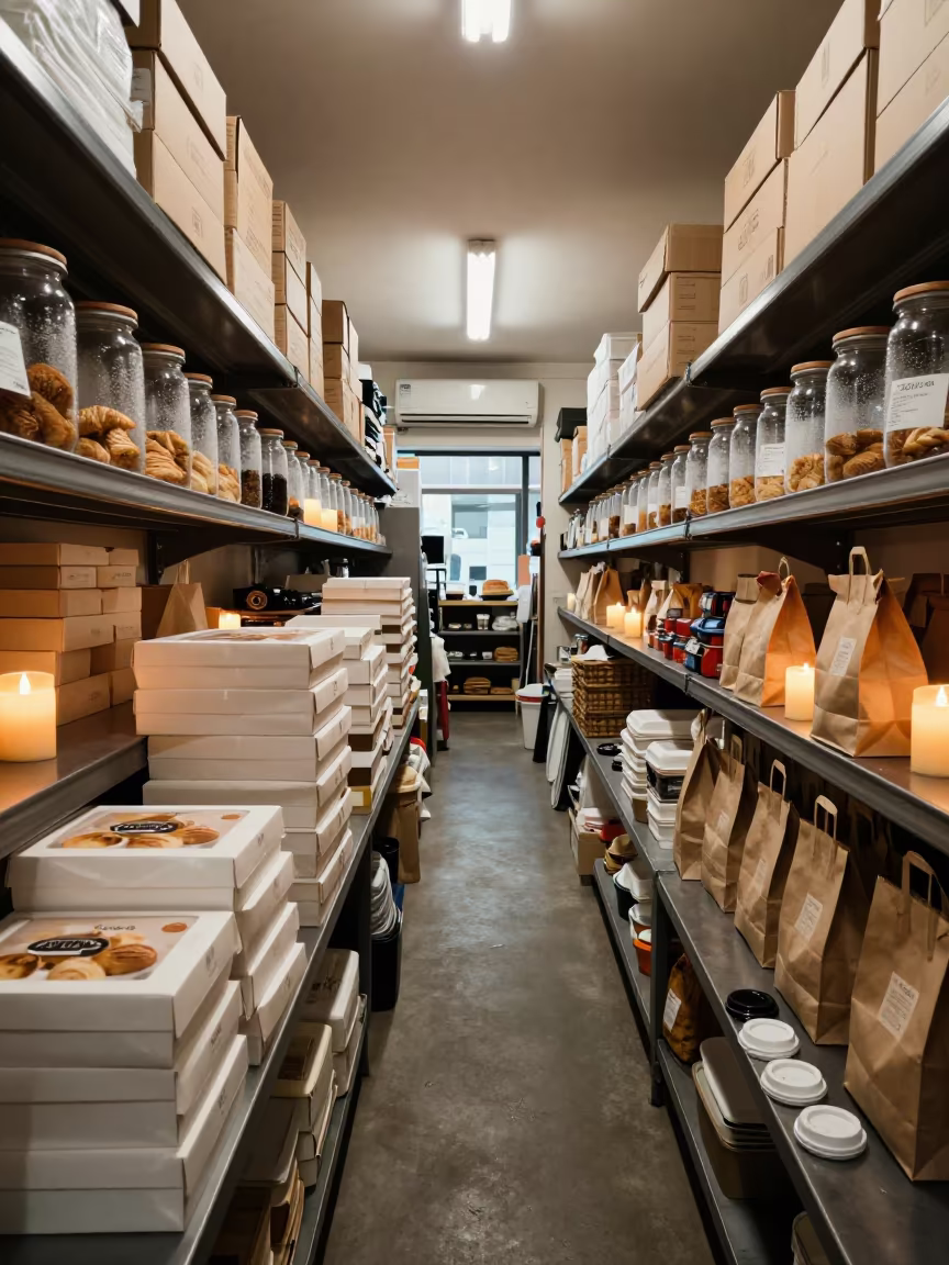 Bakery Station Pastry Boxes Sunset Candlelight Daegu in inside a stockroom behind the sales floor in Daegu