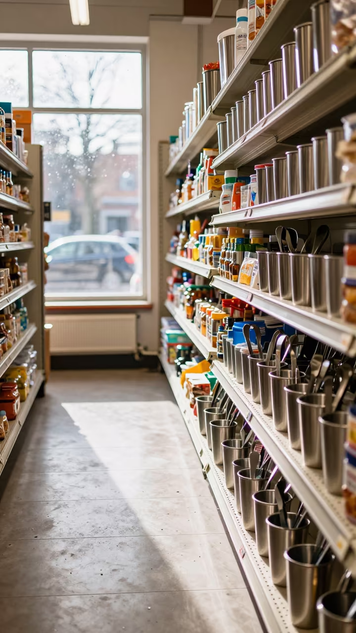 Bakery Tongs Sanitizer Cup in Saint-Louis Aisle in inside a bright retail aisle in Saint-Louis