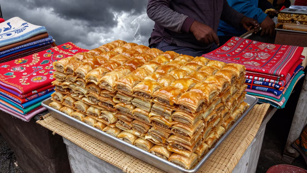 Overhead View of Baklava Stacks in Bangalore Market in at a textile trader's stall in Bangalore
