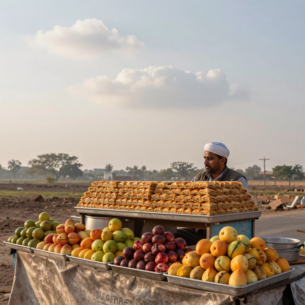 Baklava Vendor Stacks Trays at Dawn in at a roadside fruit stand in Lucknow