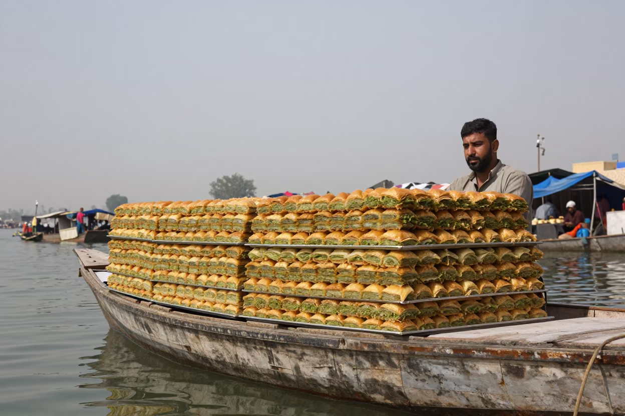 Baklava Vendor Stacks Trays on Faisalabad Boat in at a floating market boat in Faisalabad