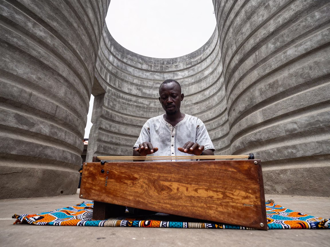 Balafon Player Hammering Keys in Accra Market Lobby in inside a ribbed concrete lobby in Makola Market, Accra