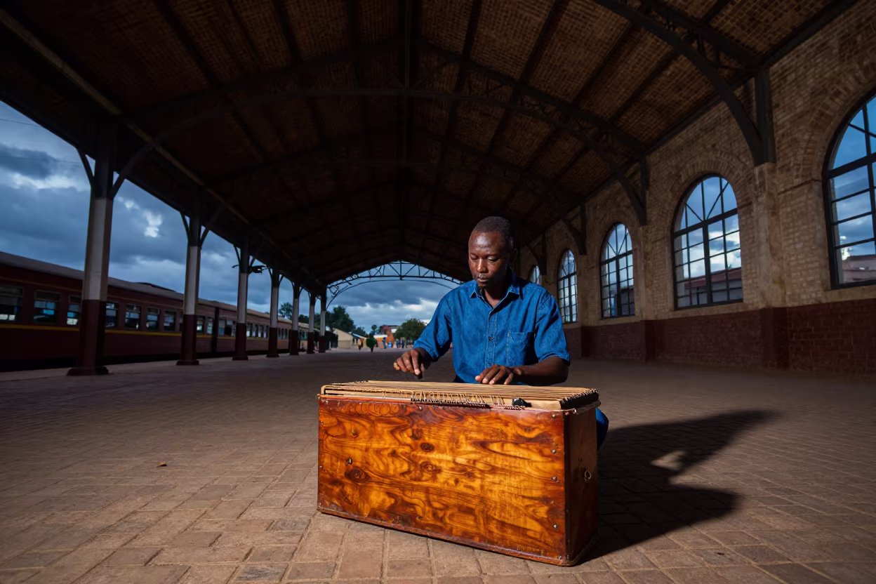 Balafon Player in Bamako Train Terminal Twilight in inside a restored train terminal in Bamako