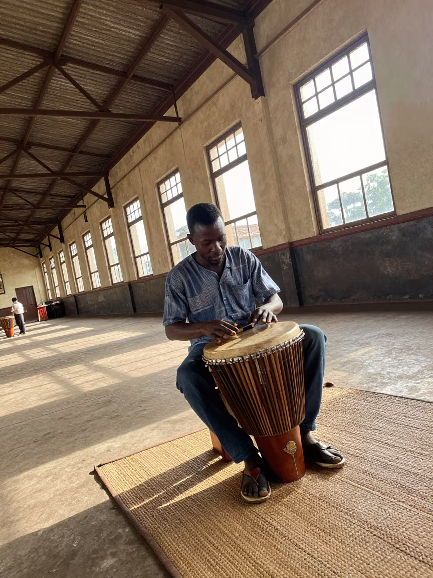 Balafon Player in Bamako Train Terminal in inside a restored train terminal in Bamako