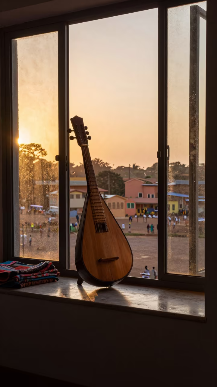 Balalaika on Theater Windowsill Winter Light Ouagadougou in on a theater stage in Ouagadougou