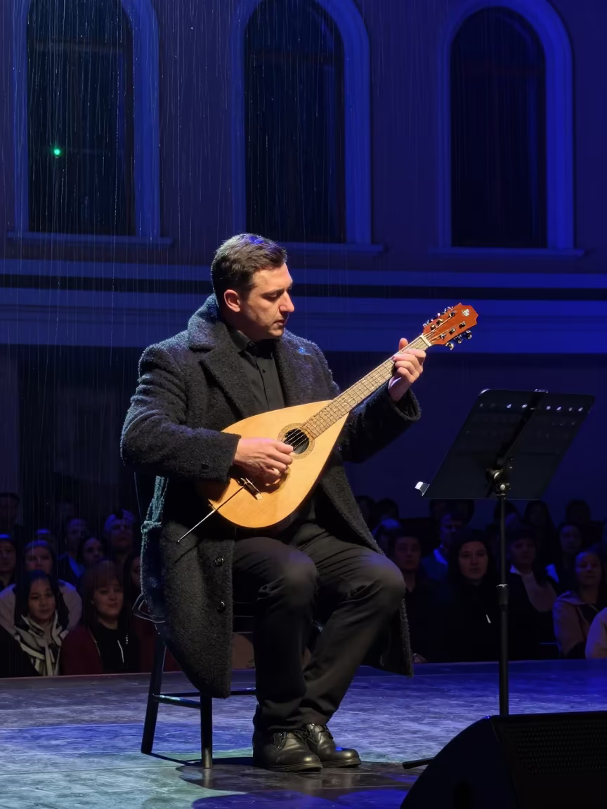 Balalaika Player on Ashgabat Stage Night in on a theater stage in Ashgabat