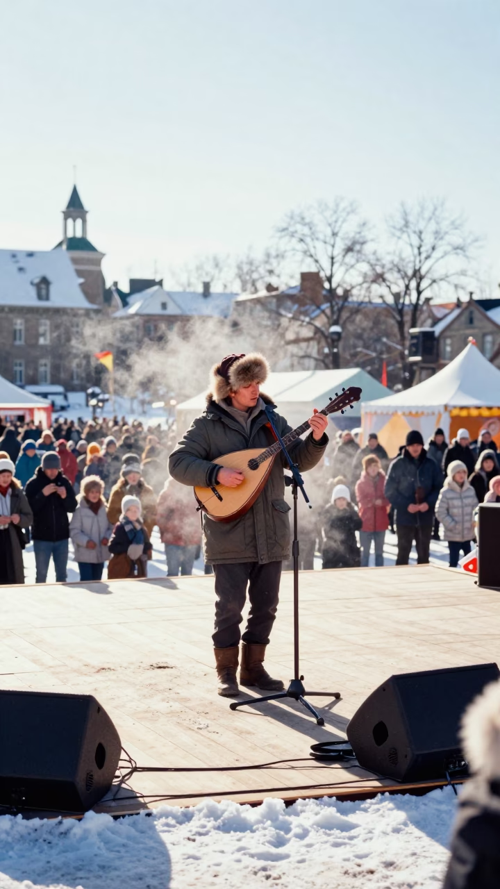 Balalaika Player on Winter Festival Stage in on a festival main stage in Winnipeg