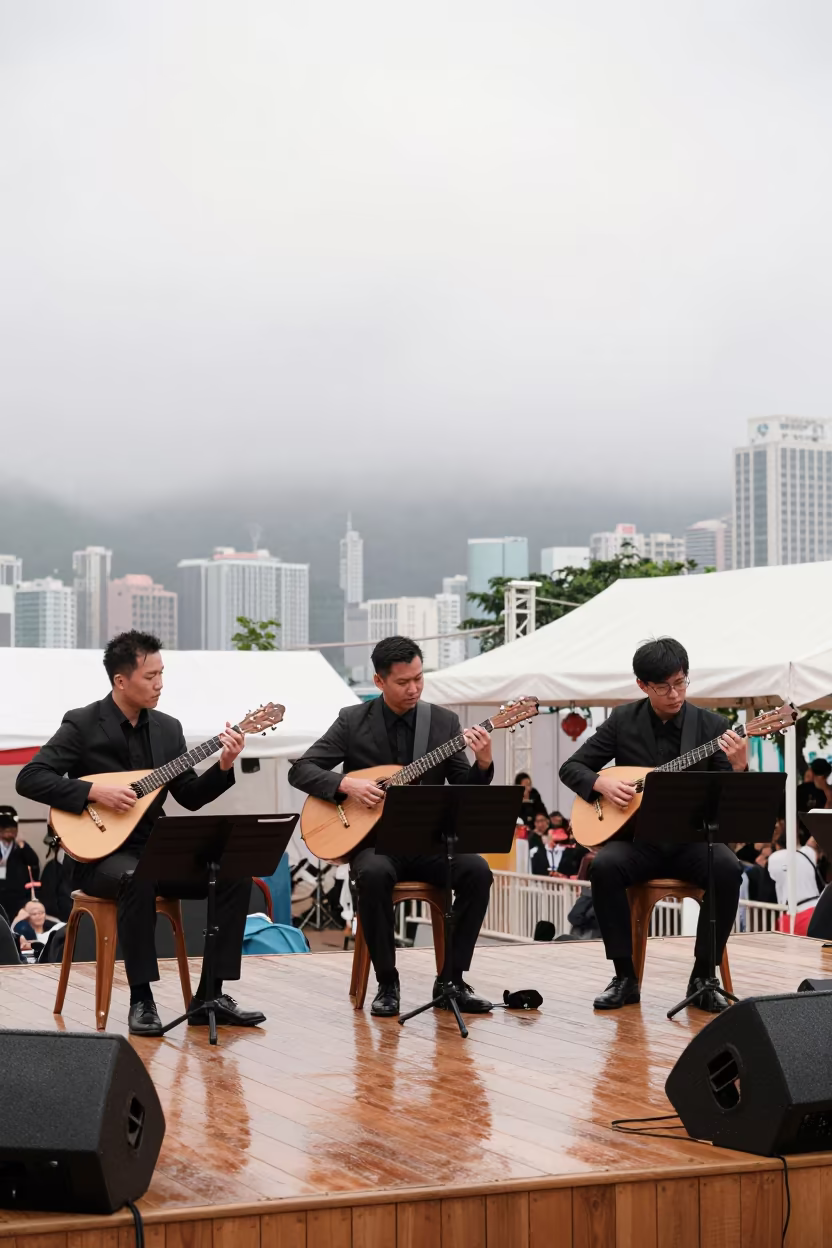 Balalaika Trio Performing Folk Songs on Stage in on a festival main stage in Kennedy Town, Hong Kong