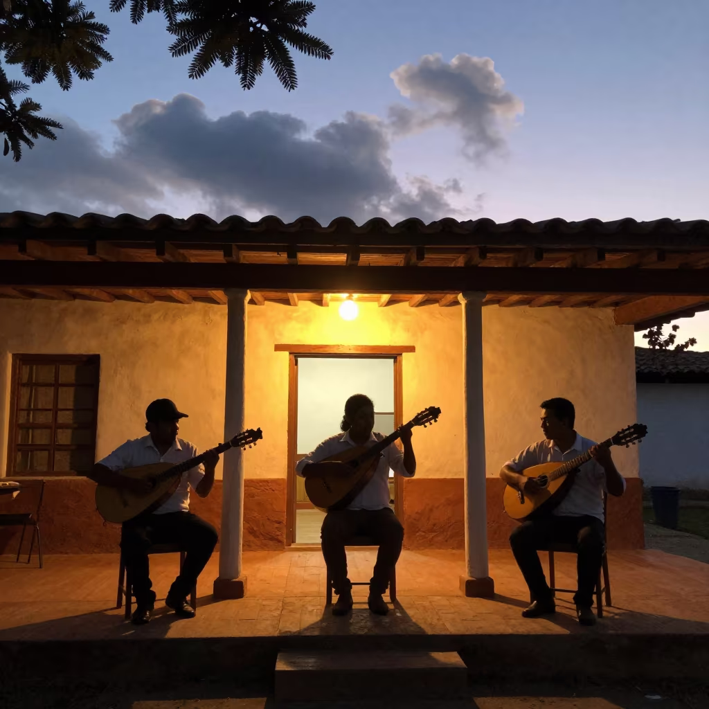 Balalaika Trio Silhouetted on Village Porch in on a dimly lit stage in Piura