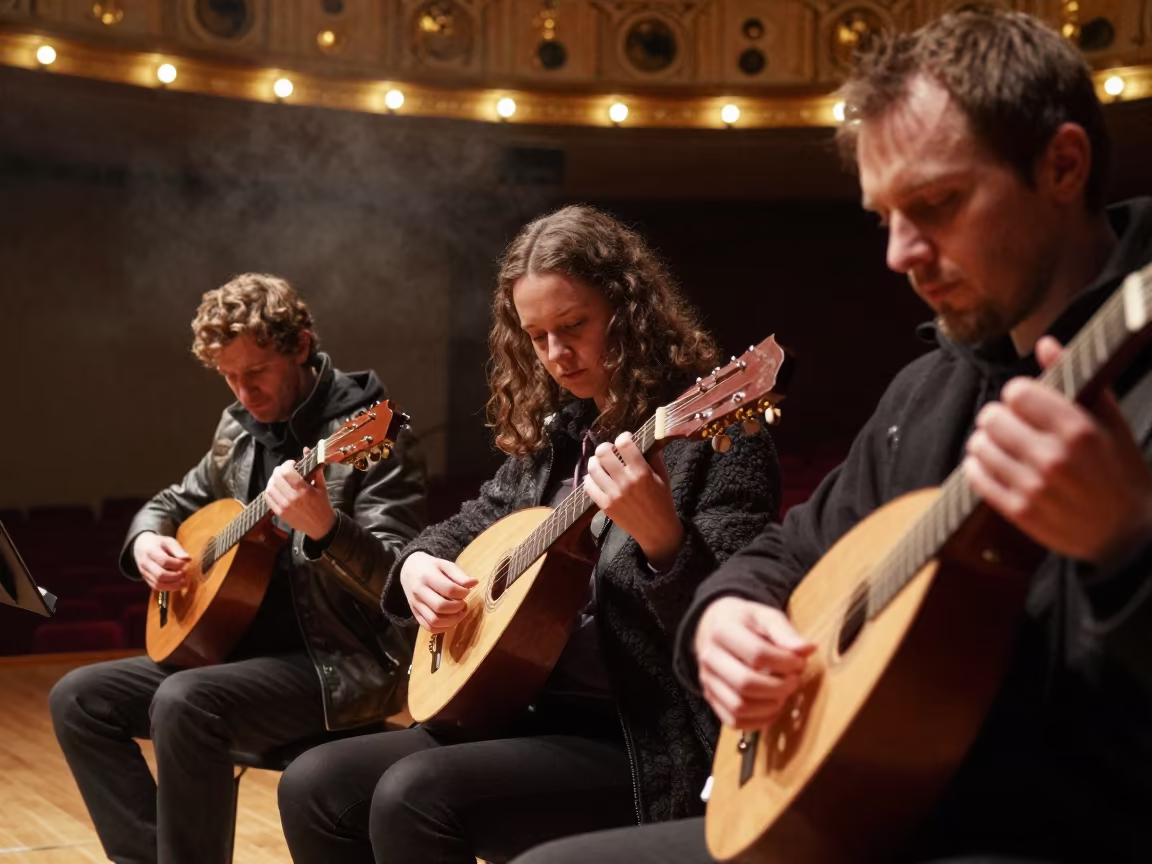 Balalaika Trio Under String Lights on Stage in on a theater stage in Vadodara