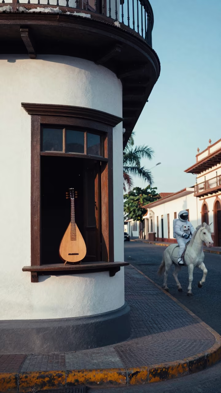 Balalaika on Window sill with Astronaut Unicorn in at a street corner busking spot in Pereira