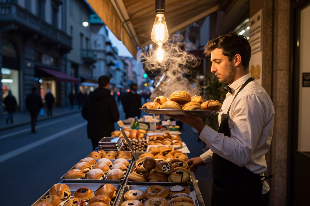Balancing Pastries in Milan in in Milan, Italy