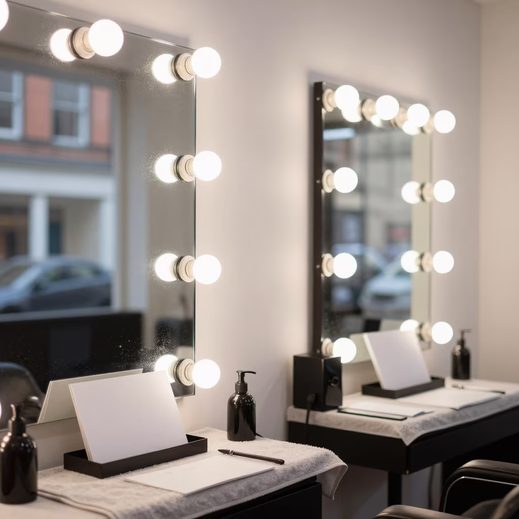 Balayage Board Clamp Rack Mirror Light Manchester in at a barber station beneath mirror bulbs in Manchester