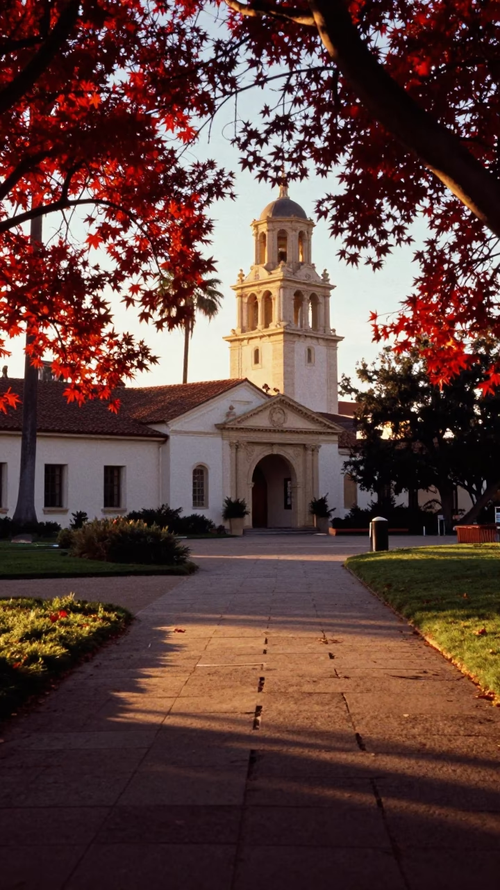 Balboa Park Japanese Maple Crimson Leaves And Park Bench in San Diego in in San Diego, California, United States