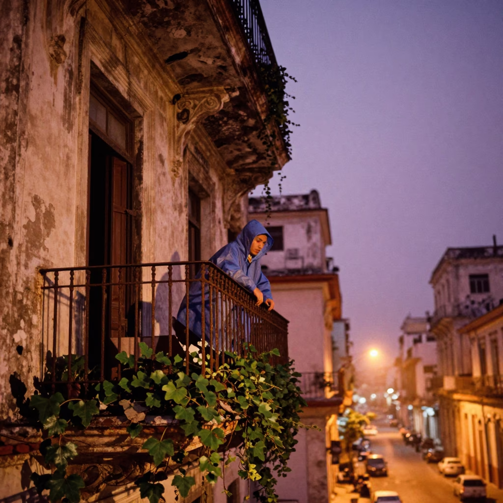 Balcony after dark in Havana in in Havana, Cuba