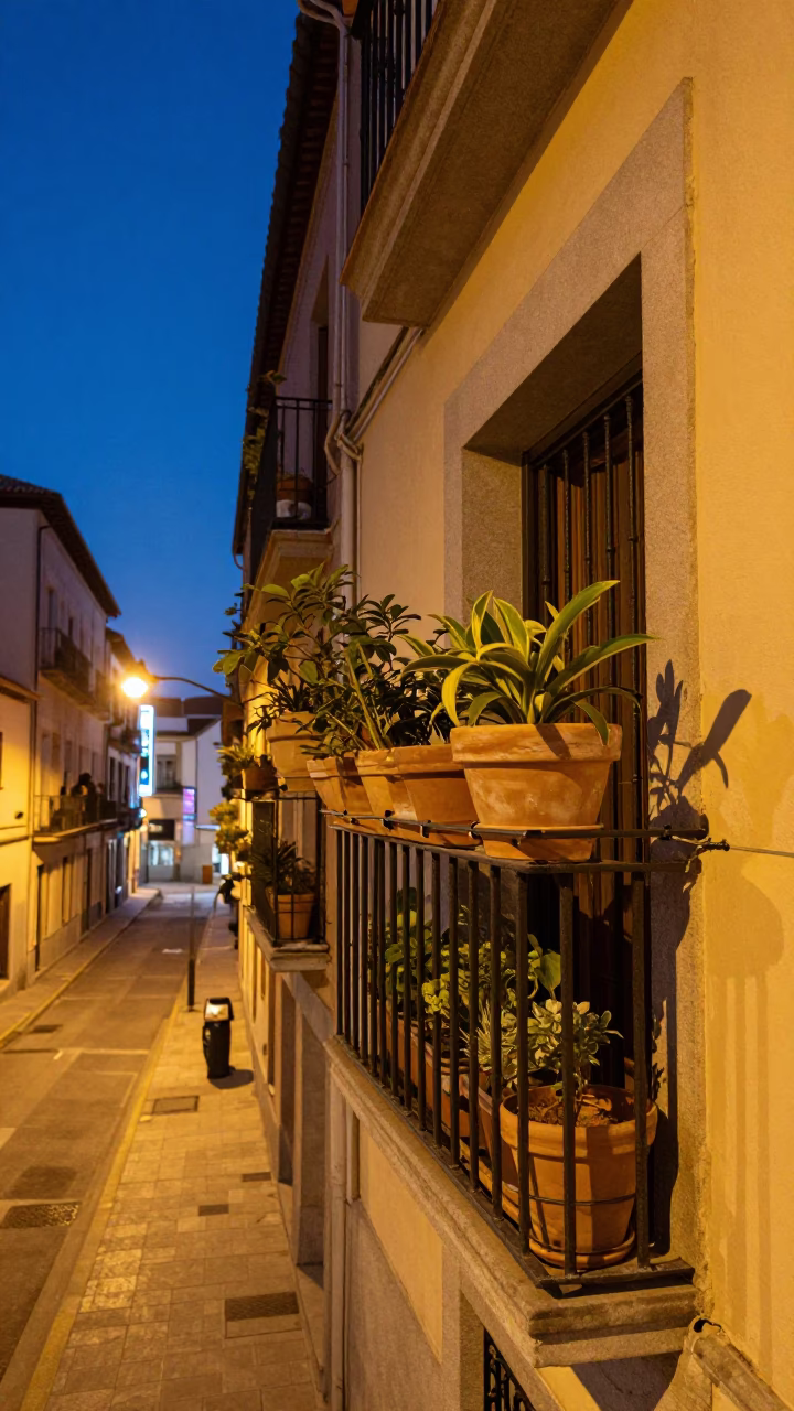 Balcony after dark in Madrid in in Madrid, Spain