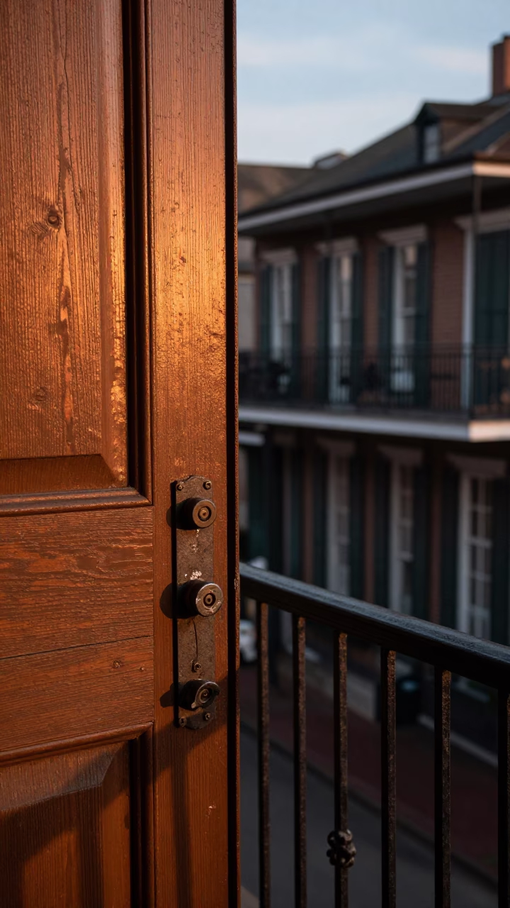 Balcony Detail in New Orleans at Copper-toned Light Before Dusk in in New Orleans, Louisiana, United States