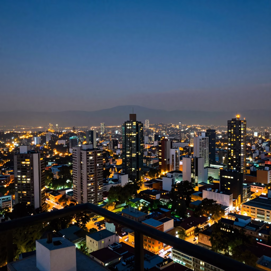 Balcony in Mexico City at As City Lights Begin To Glow in in Mexico City, Mexico