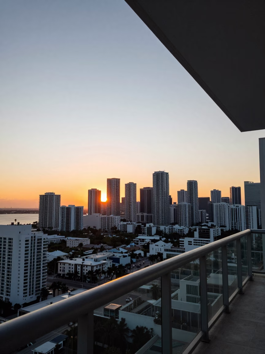 Balcony in Miami at As The Sun Drops Toward The Horizon in in Miami, Florida, United States