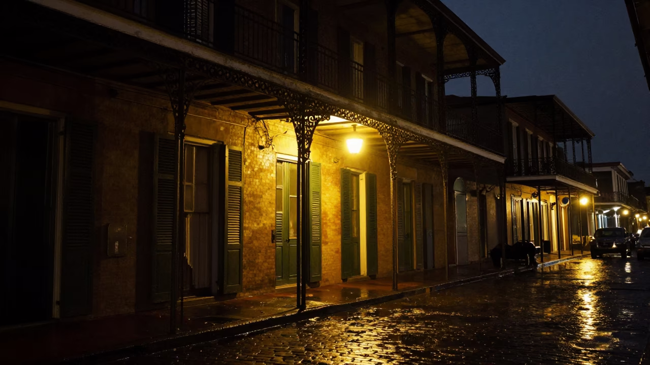 Balcony in New Orleans at Deep In The Night Light in in New Orleans, Louisiana, United States